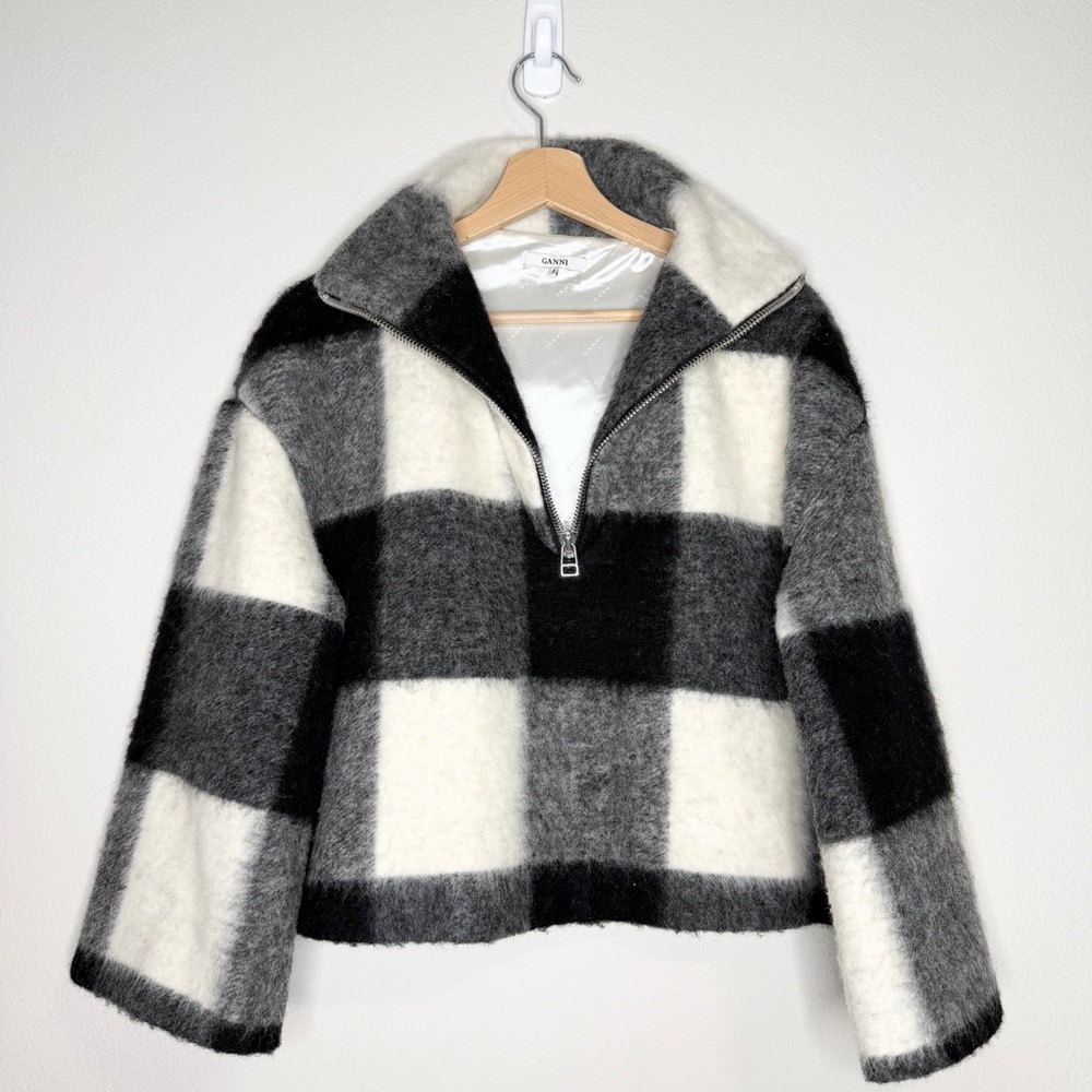 GANNI McKinney Wool Crop Jacket Plaid Size 34 XS Half Zip - Picture 2 of 5